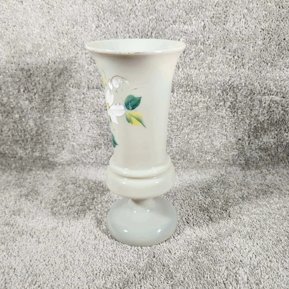 Vase White Floral Hand Painted Glass - Mid Century‎ Modern